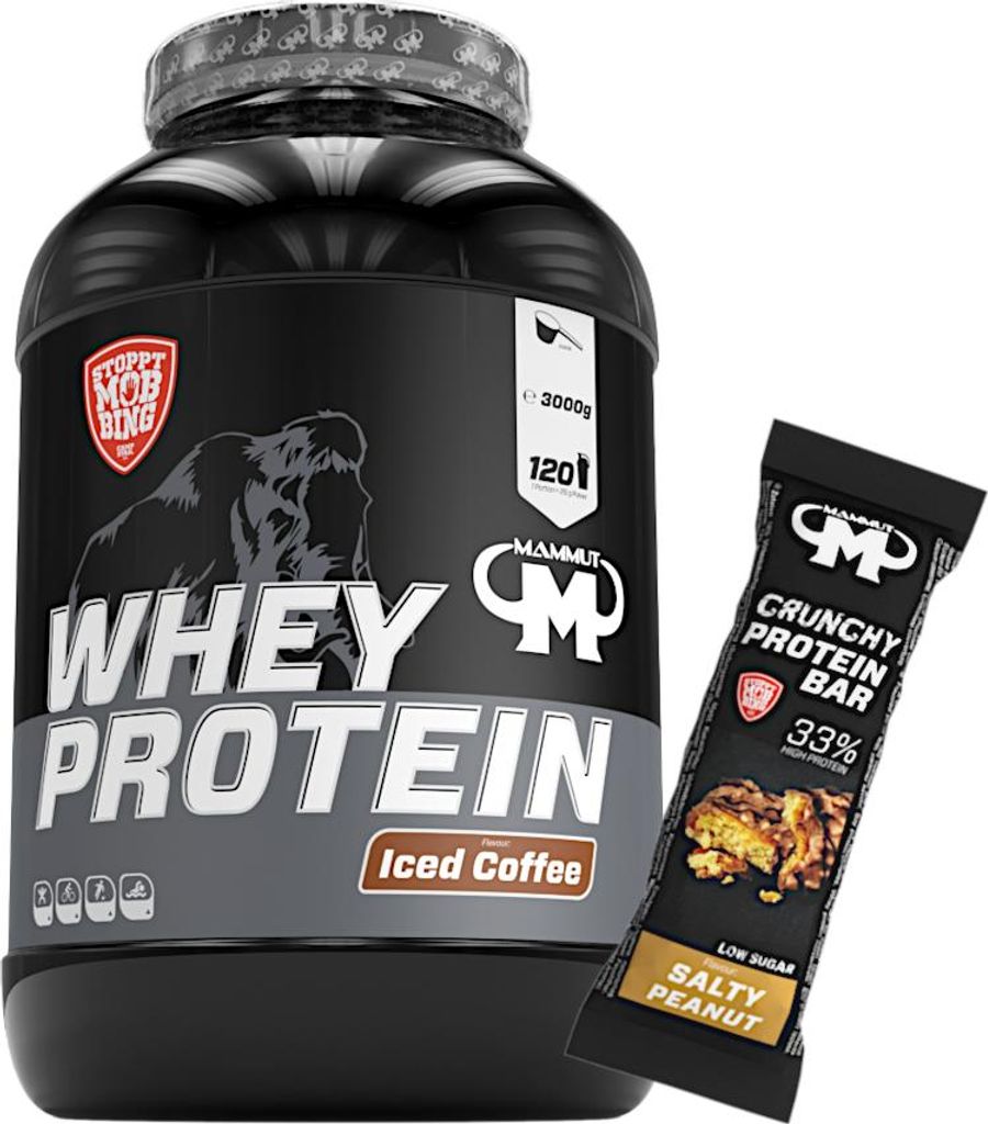 Mammut Nutrition - Whey Protein 3000 g Dose - 120 Portionen Eiweiß + GRATIS Protein Bar (Salty Peanut), Geschmack: Iced Coffee