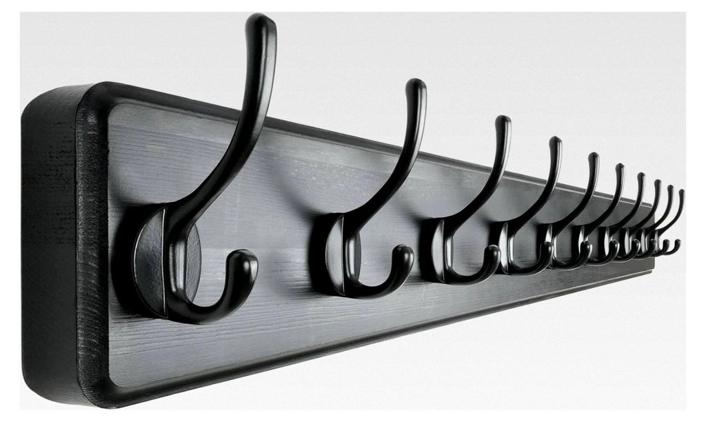 Garderobe, 97 cm lange Hakenleiste aus Holz mit 10 Haken, Wandgarderobenhaken für Mäntel, Kleidung, Hüte, Jacken und Schals, Schwarz