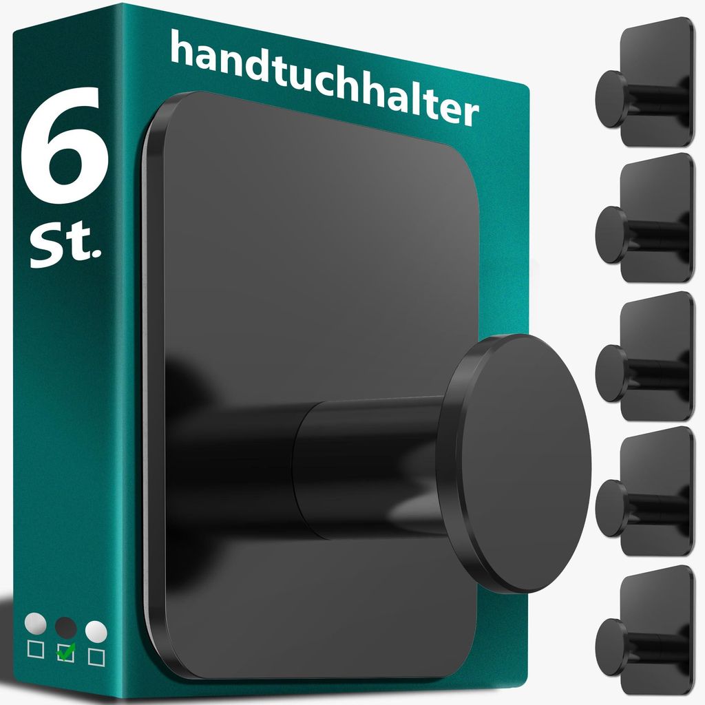 Bohrfreies Handtuchset, 6-teilig, schwarz – Handtuchhaken aus Edelstahl für Bad und Küche, funktionale selbstklebende Haken, hohe Tragkraft –...