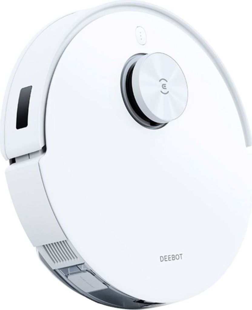 A white robot vacuum cleaner is shown from a diagonal angle against a white background.