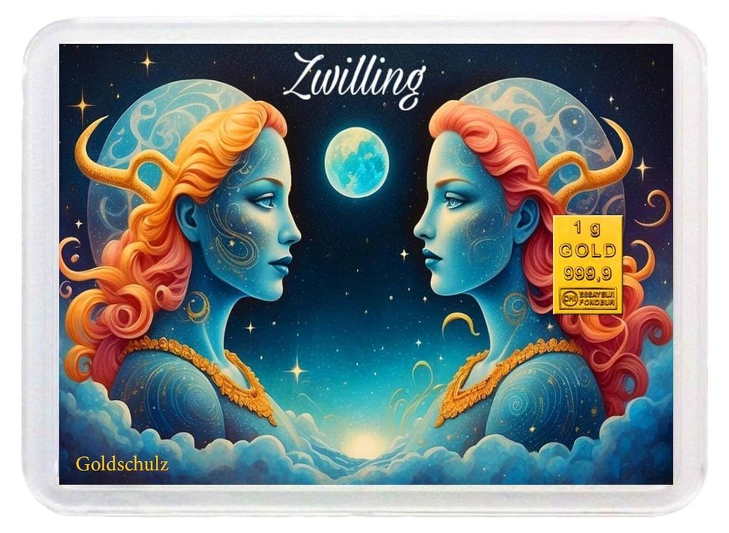 Grußkarte Sternzeichen Zwilling Gold 1g 1 Gramm Motivbox  - Produktbild 