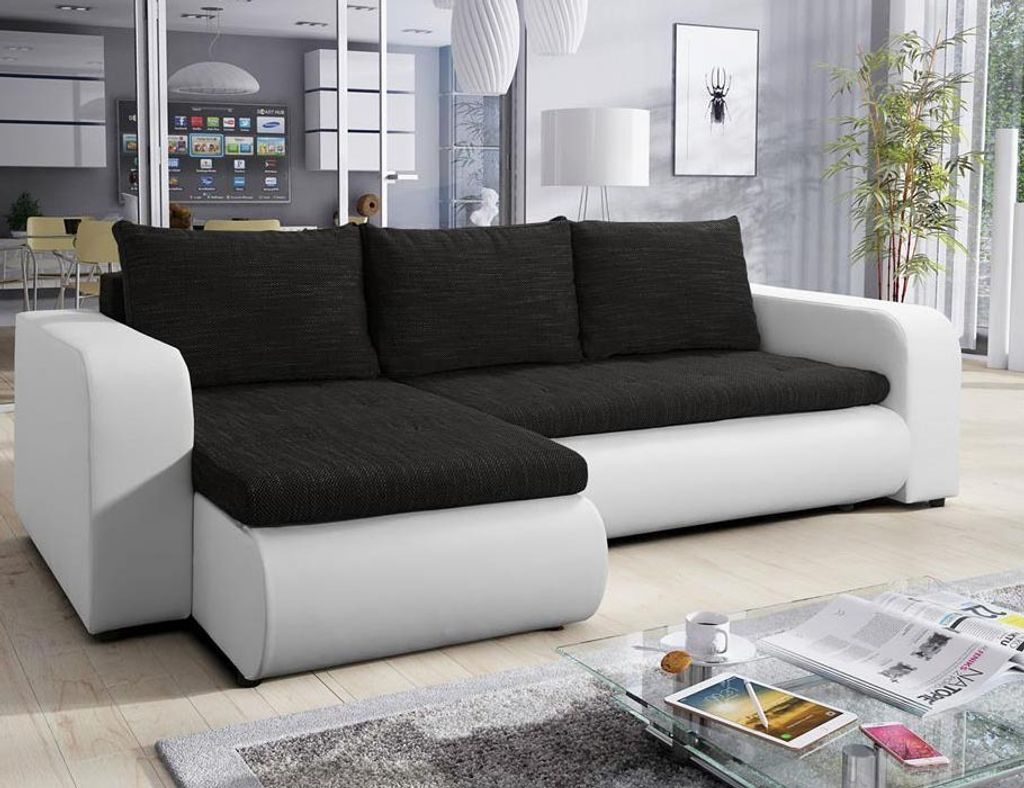 Easy4You Brooklyn Schwarz und Weiß Kunstleder Ecksofa L-Form 245 cm mit Schlaffunktion und Stauraum - Schlafsofa mit Bettkasten - Moderne Wohnzimm...