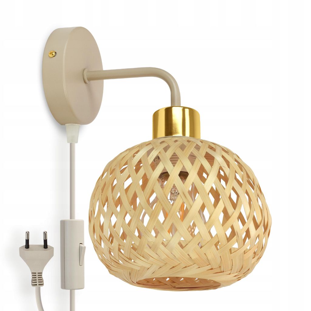 LUXOLAR LED Wandleuchte Rattan Boho Beige/Grau E27 60W - Wandlampe Innen Schwenkbar für Wohnzimmer, Küchen - Wandbeleuchtung mit Stecker