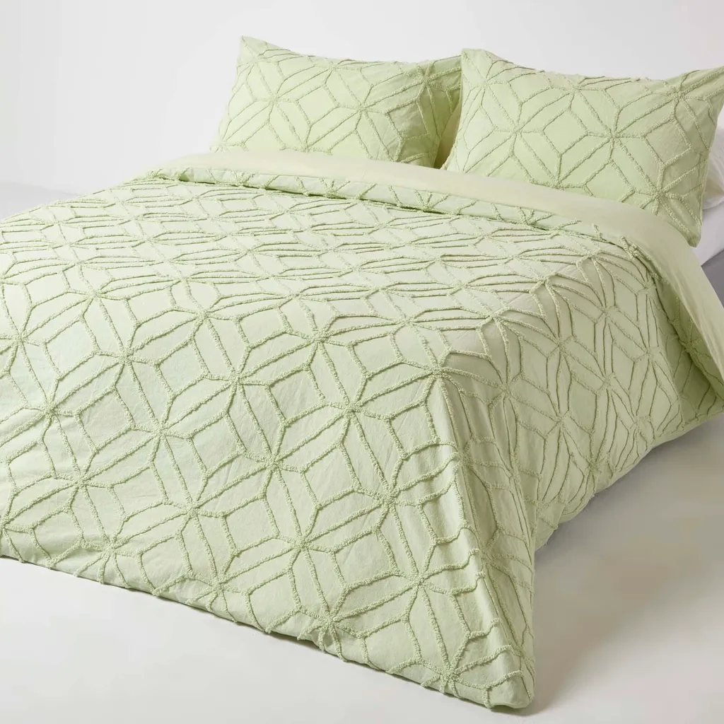 HOMESCAPES Parure de lit en percale vert 230x220 cm 100% coton tufté