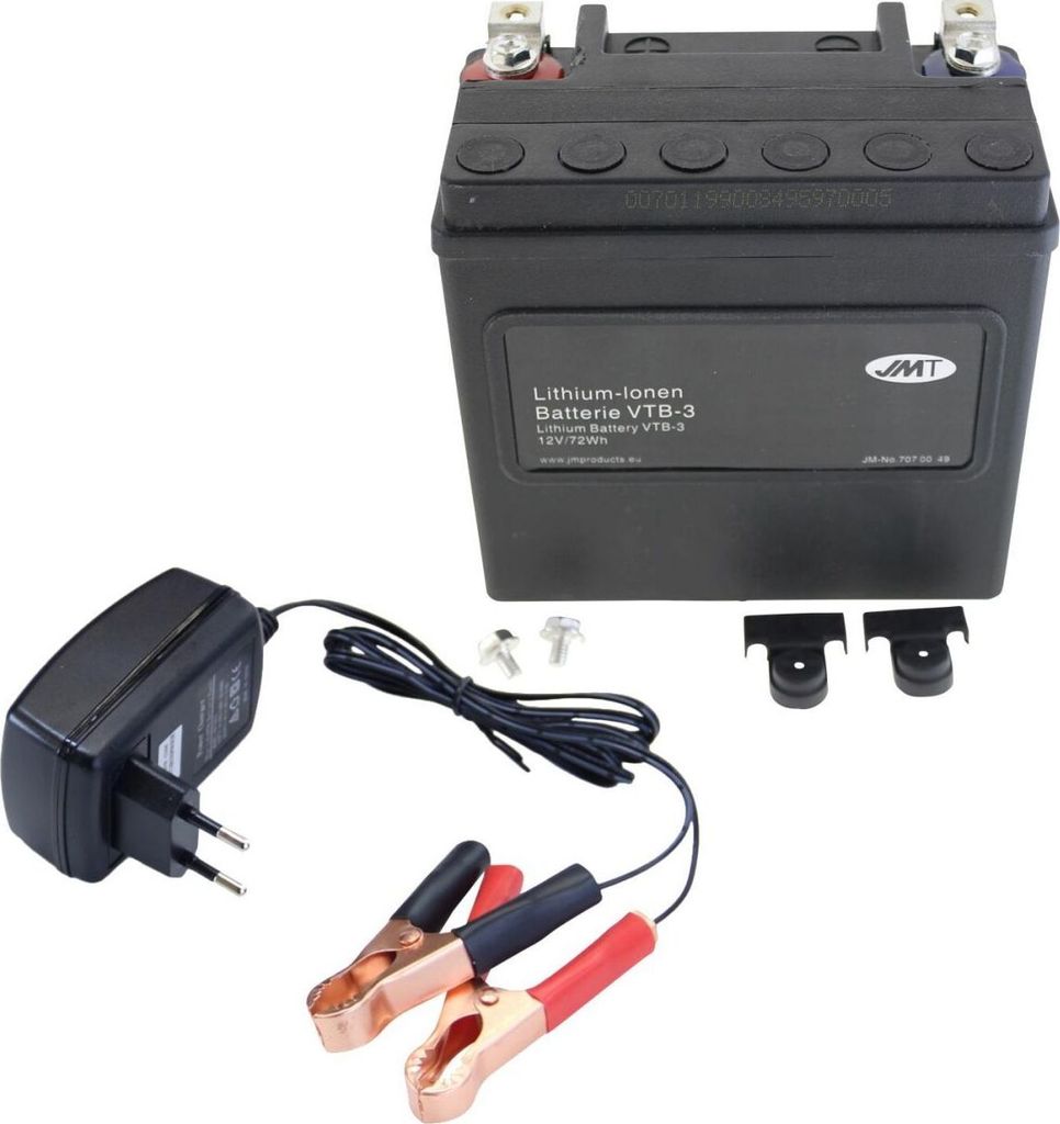 Lithium-Ionen-Batterie JMT VTB-3 V-Twin, 12 V 8 Ah, Pluspol rechts, DIN 51216 + Ladegerät