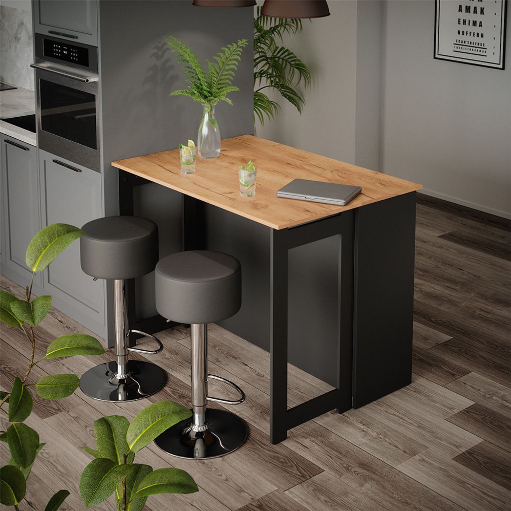 Bartisch-Set Vicco Dominic Goldkraft Eiche/Anthrazit 116 x 37 cm mit 2 Barhockern, Model 41543