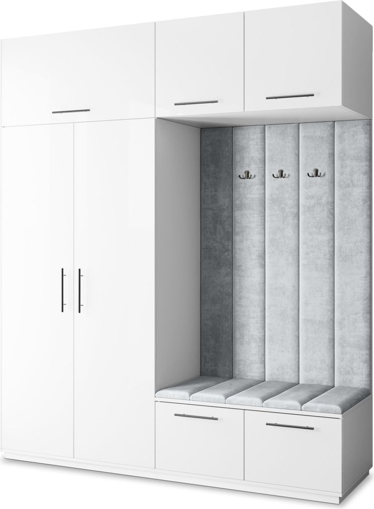 Masseno Garderobe-Set REMA 200/240/60 cm Modern Garderobenschrank Weiß, Veloursstoff MONOLITH 84 (Hellgrau)