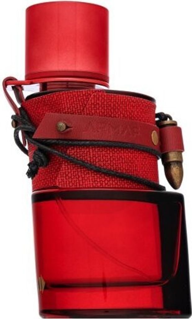A close-up studio shot of a red perfume bottle.