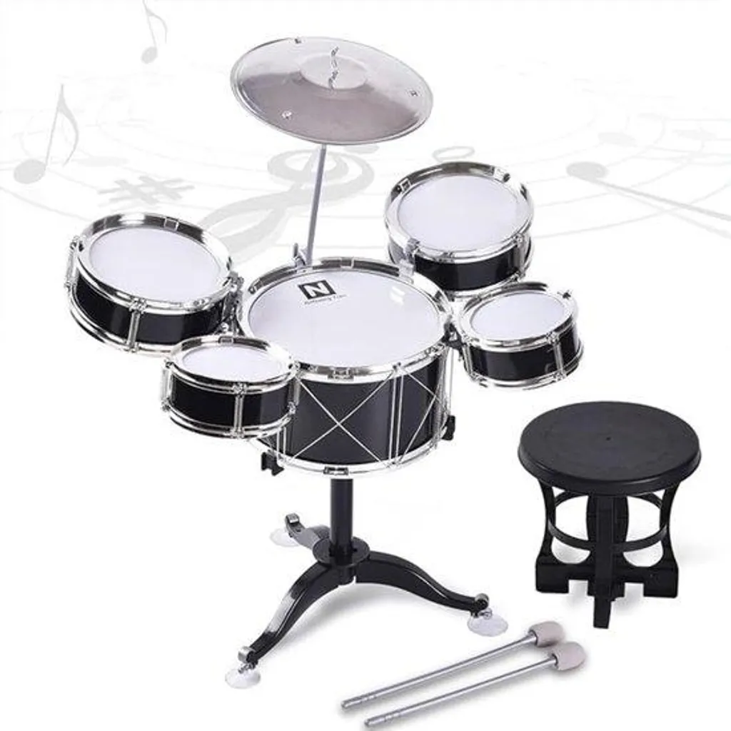 Kit de batterie pour enfants noir avec tabouret et baguettes réglables