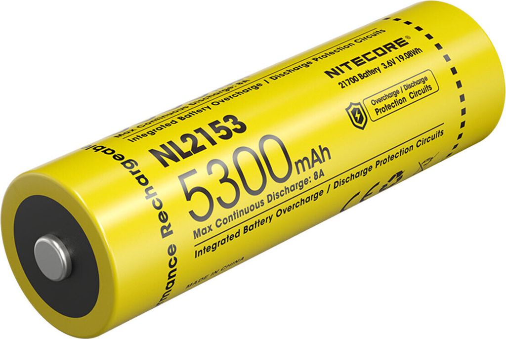 A yellow Nitecore NL2153 21700 Li-Ion battery is shown against a white background.