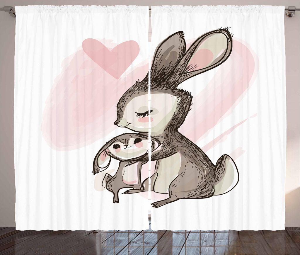 ABAKUHAUS Muttertag Rustikaler Gardine, Hase mit seiner Mutter, Schlafzimmer Kräuselband Vorhang mit Schlaufen und Haken, 280 x 245 cm, Pale Pink ...