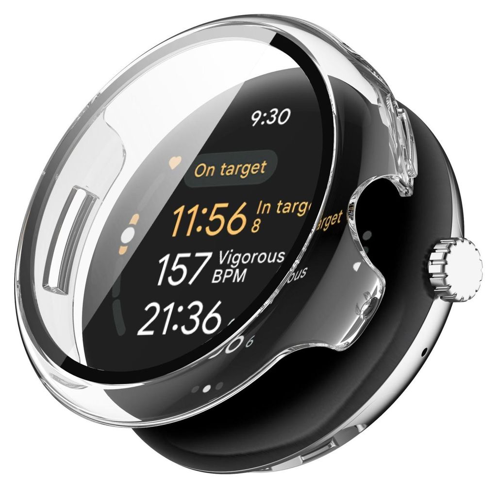 A close-up of a smart watch with a transparent protective case.