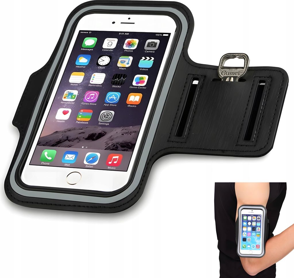 A smartphone in an armband case, with a smaller inset image showing the armband on an arm.
