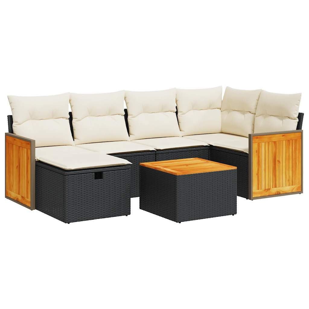 Möbel 7-tlg. Garten-Sofagarnitur/Garten-Essgruppe - Lounge-Set - Balkonmöbel Set - mit Kissen Schwarz Poly Rattan - Gartenmöbelset CLORIS1500404