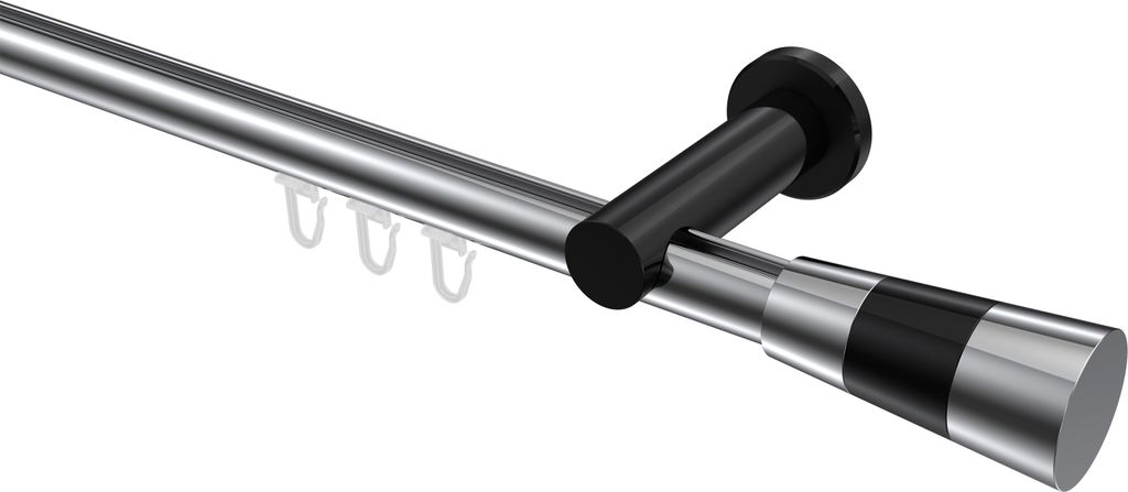 Interdeco Innenlaufstange / Gardinenstange mit Innenlauf Chrom / Schwarz, Typ Platon Tanara (Konus Bicolor), 20 mm Ø 1-läufig, 160 cm