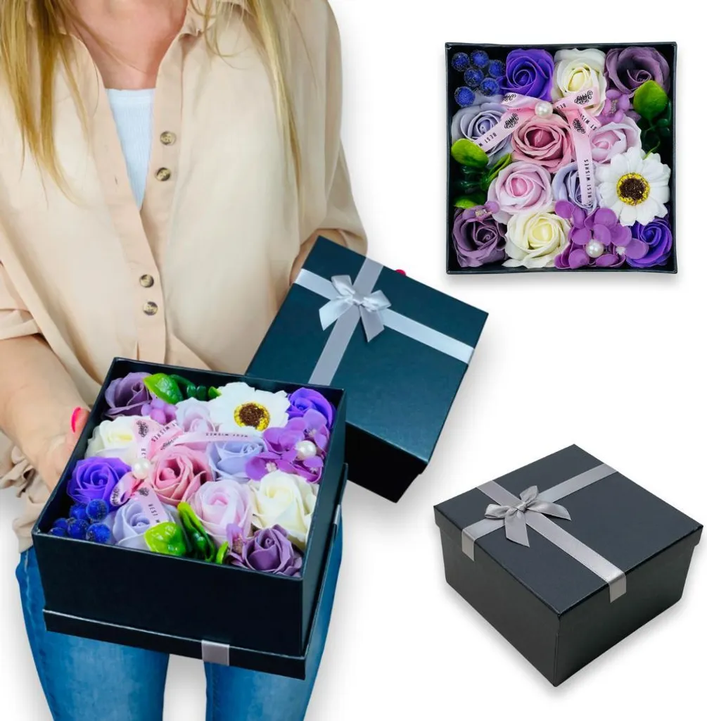 Boîte de fleurs en savon avec roses violettes et marguerites élégantes