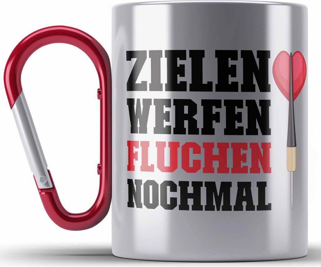 Trendation - Dart Edelstahl Tasse Karabiner Dartpfeil Zielen Werfen Fluchen Nochmal Spruch Männer Dart-Spieler Geschenkidee (Rot)