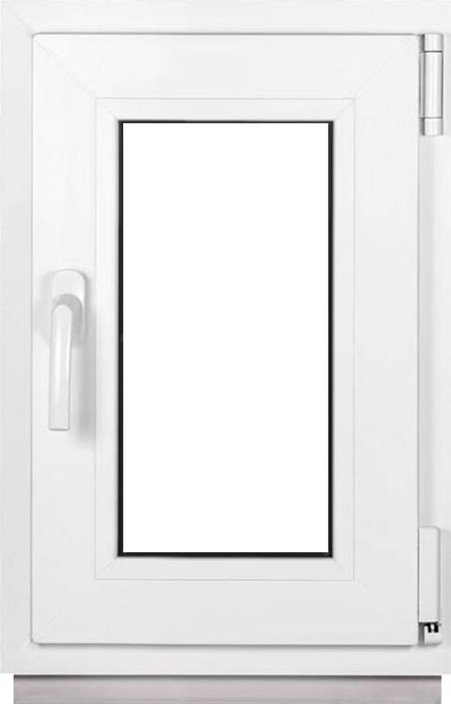 A white window frame with a clear glass pane and a silver handle.
