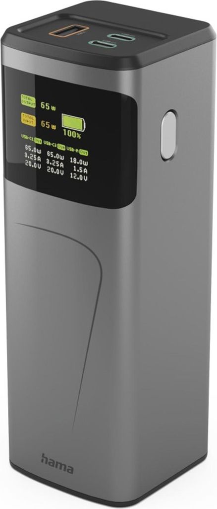 A gray power bank with a digital display showing charging information.