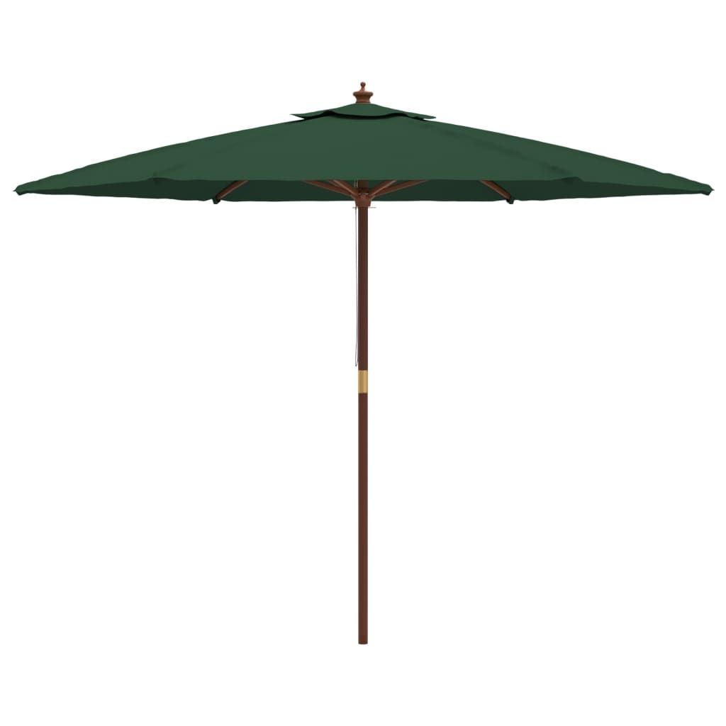 A green patio umbrella with a wooden pole is shown against a white background.