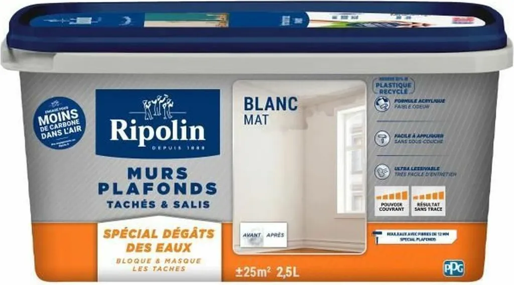 Peinture Ripolin Blanc anti-traces et haute opacité pour murs abîmés