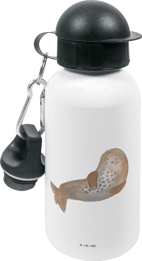 Mr. & Mrs. Panda Kindertrinkflasche Robbe Lachen - Weiß - Geschenk, Trinkflasche Kinder, Wasserflasche, für den Kindergarten, Robben, Nordsee, St...