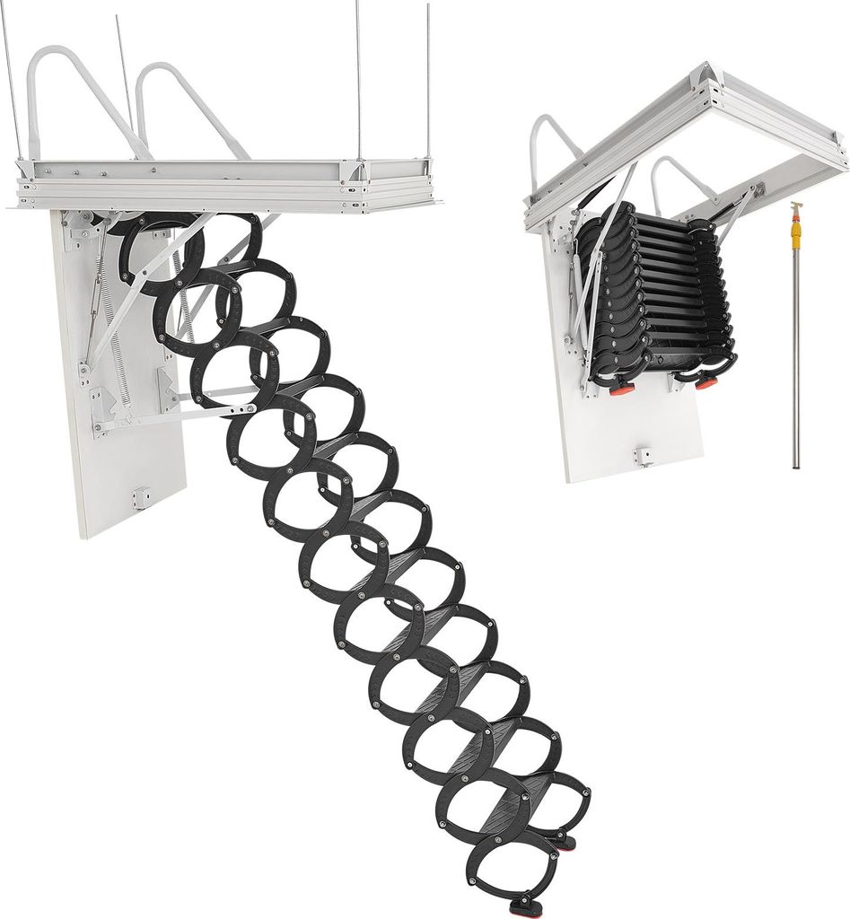 Two views of a collapsible attic ladder, one extended and one retracted, against a white background.