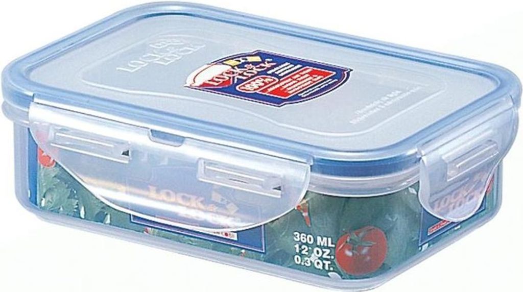 A transparent food storage container with a blue lid and latches, shown on a white background.