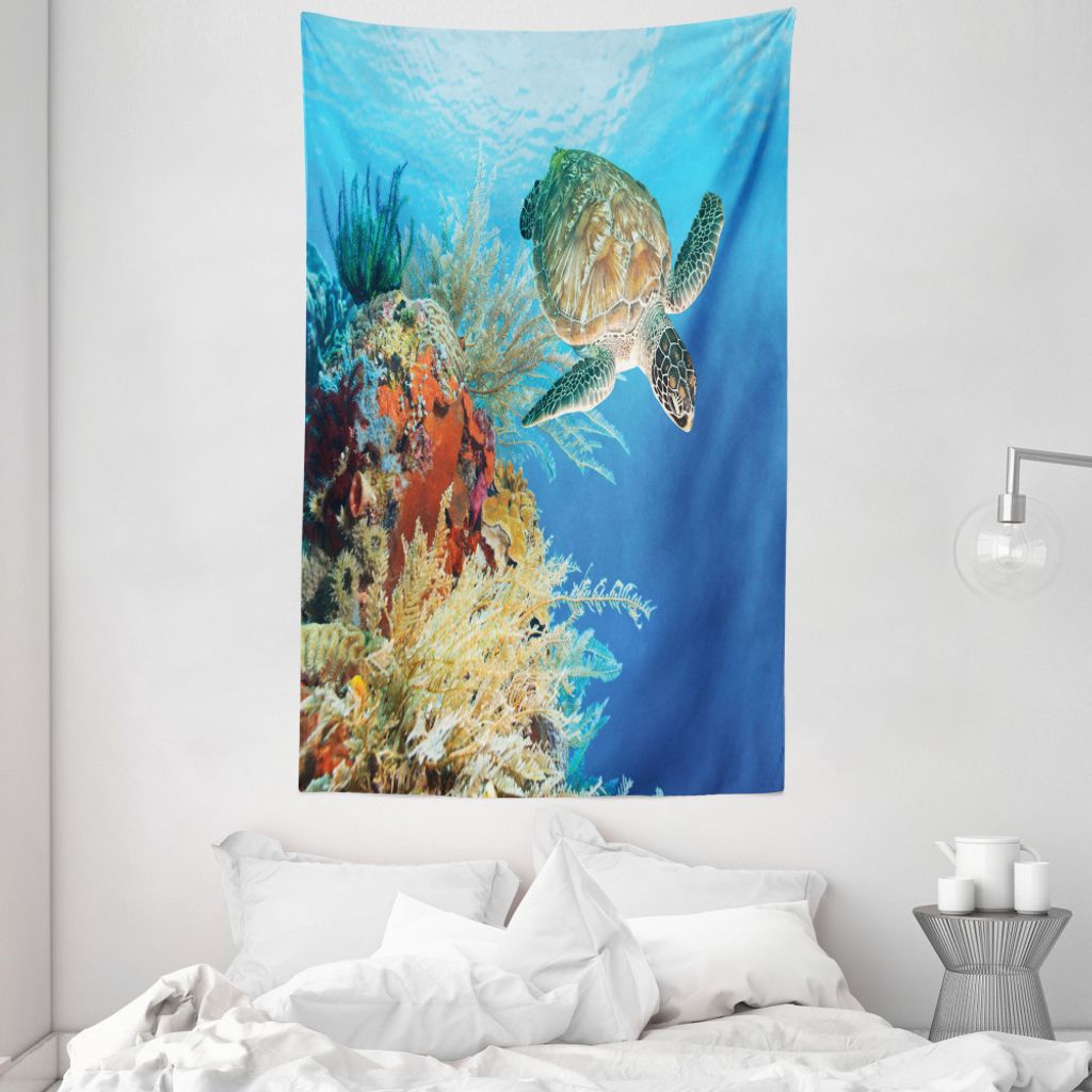 ABAKUHAUS Unterwasser- Wandteppich und Tagesdecke, Exotische Schildkröte Coral aus Weiches Mikrofaser Stoff Waschbar ohne Verblassen Digitaldruck,...