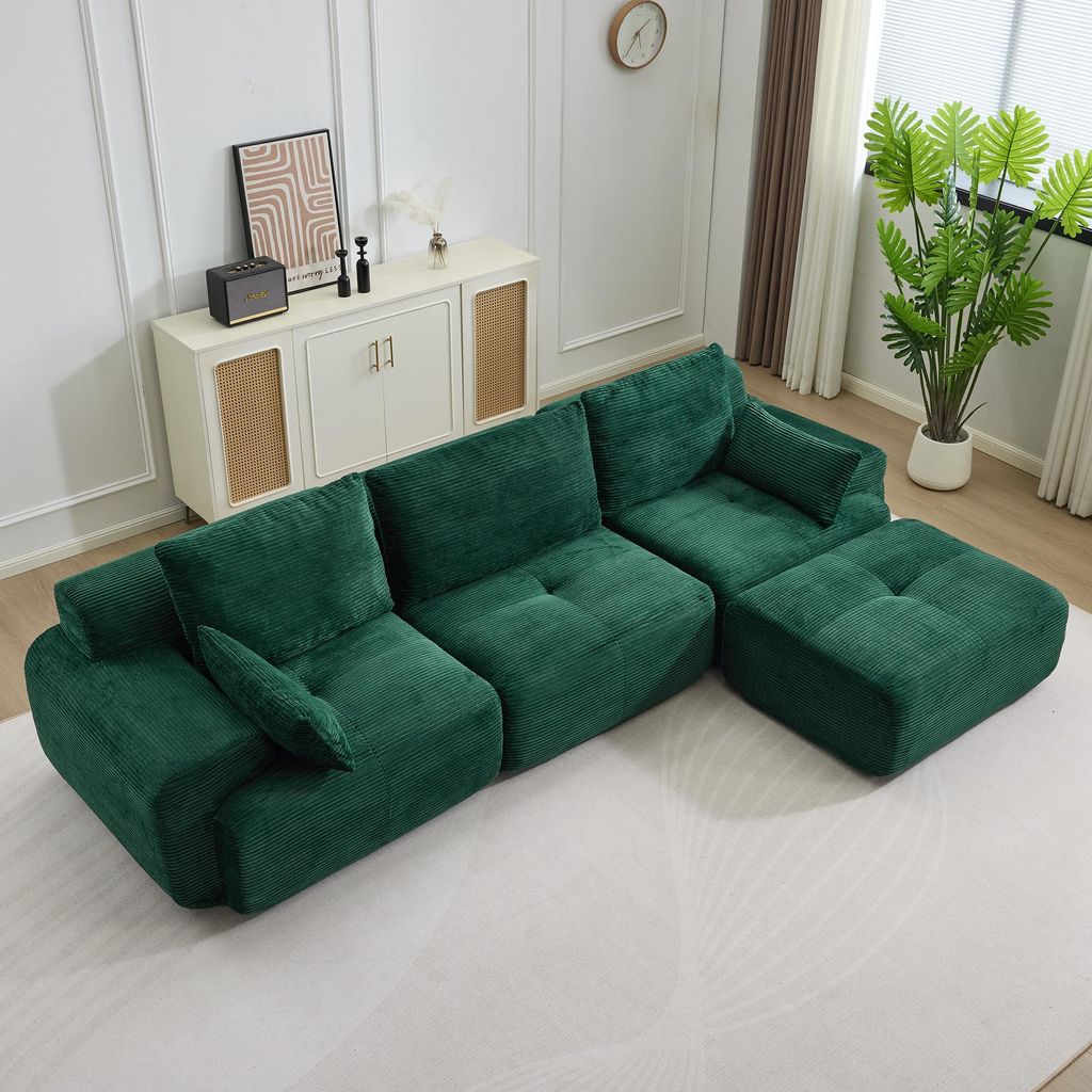 Sofa mit Memory-Schaum-Polsterung, große Ecksofas fürs Wohnzimmer, haustierfreundliches Cloud-Sofa, Cordstoff, keine Montage erforderlich, Grün
