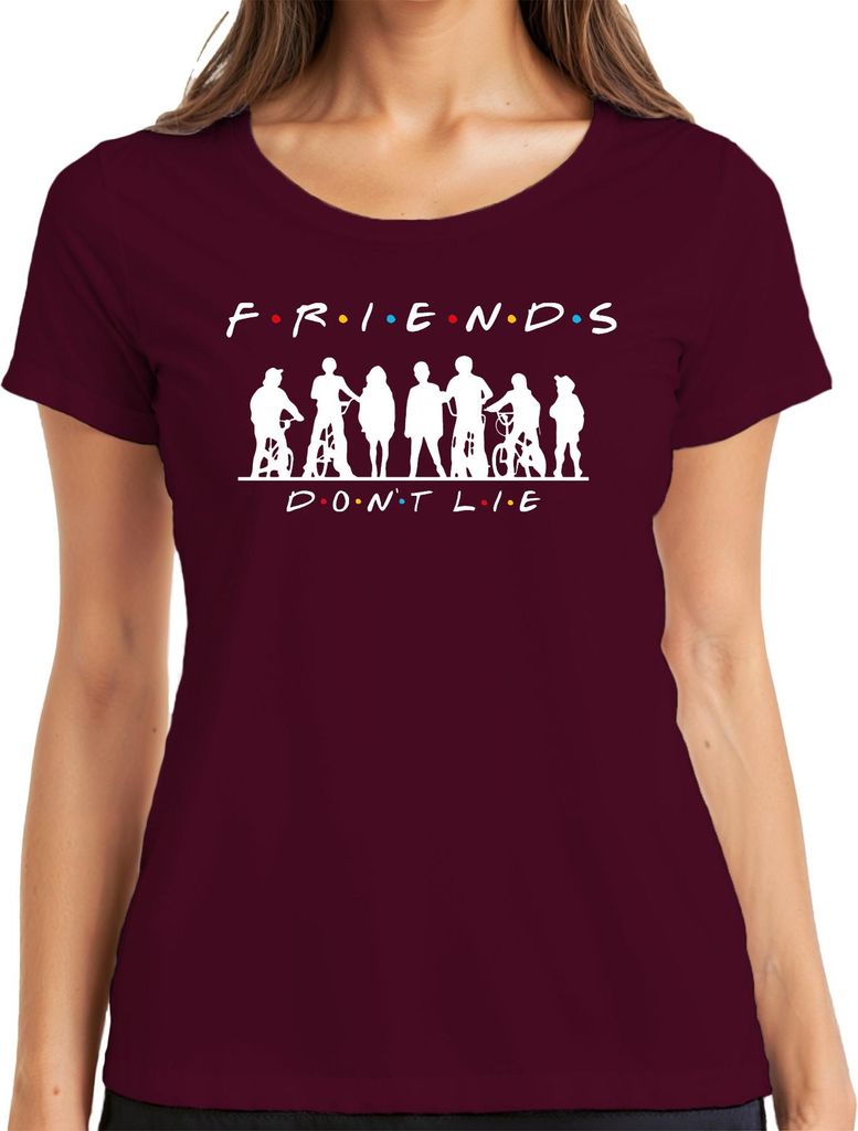 FRIENDS DON'T LIE Stranger Kids Fahrräder 80er Retro Hawkins Elf Damen T-Shirt, Burgundy, XXL