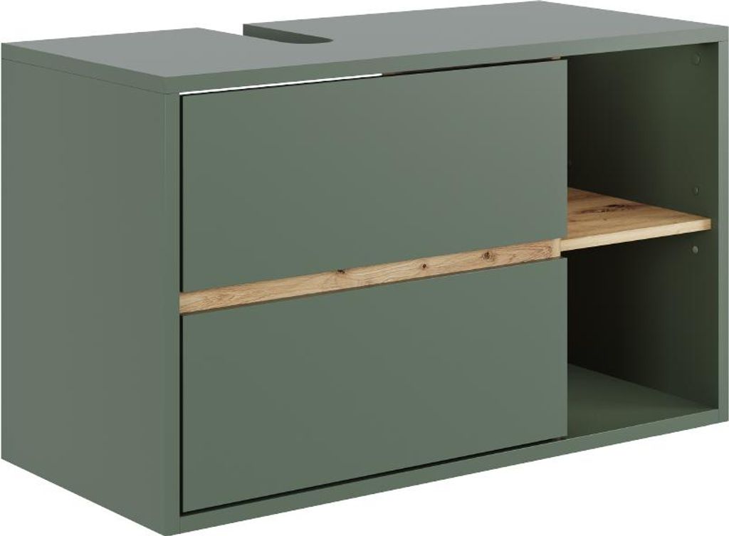 A green vanity cabinet with a wooden accent and an open shelf.