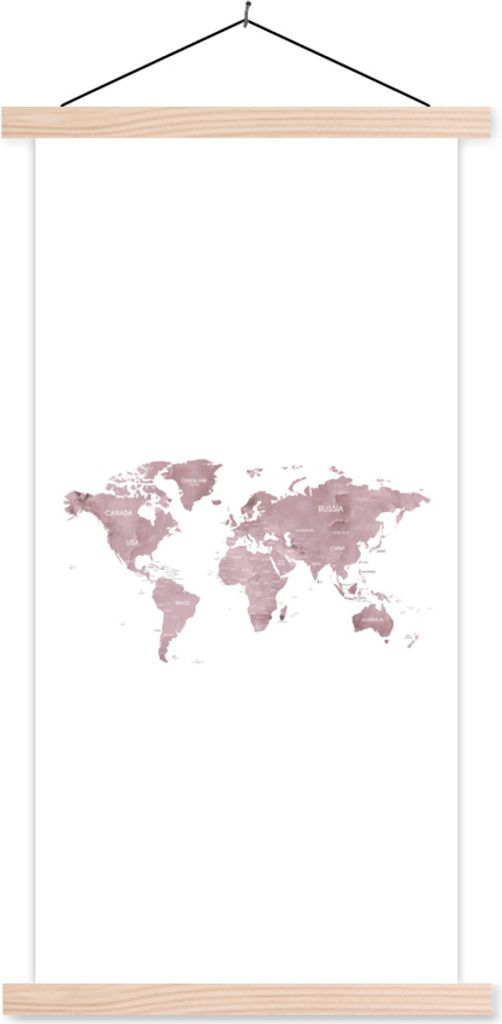 MuchoWow Textilposter Weltkarte - Rosa - Weiß 40x80 cm mit holzfarbenen Rahmen - Wohnzimmer