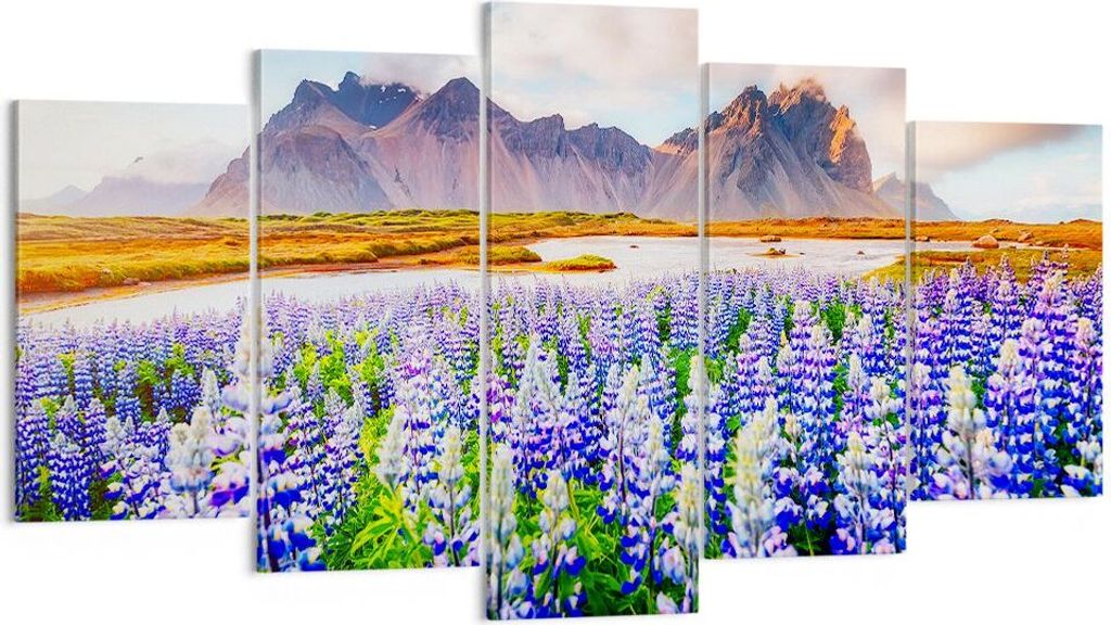 Bild auf Leinwand - Leinwandbild - Berge Wiese Blumen - 160x85cm - Wand Bild - Wanddeko - Leinwanddruck - Bilder - Kunstdruck - Wanddekoration - Le...
