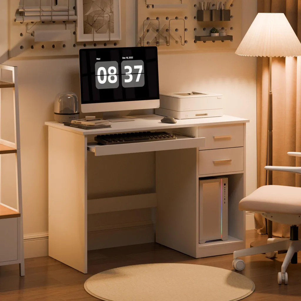 Bureau informatique blanc moderne avec rangements et tablette clavier - 8