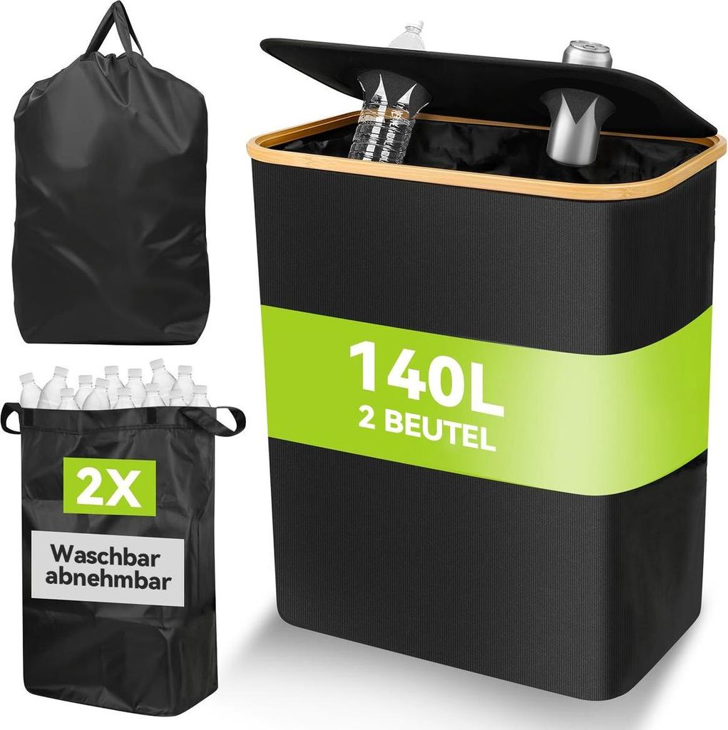 Pfandflaschen Sammelbehälter, 140 L, bis 60 Flaschen, 2 Beutel, Flaschensammler für Glas & Plastik, schwarz