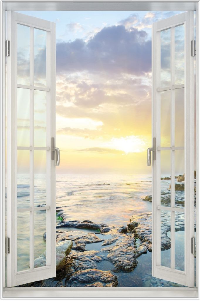 Wallario Wandbild mit Fenster-Illusion: Sonnenuntergang über dem Meer, Größe: 61 x 91,5 cm, Poster mit weißem Aluminiumrahmen