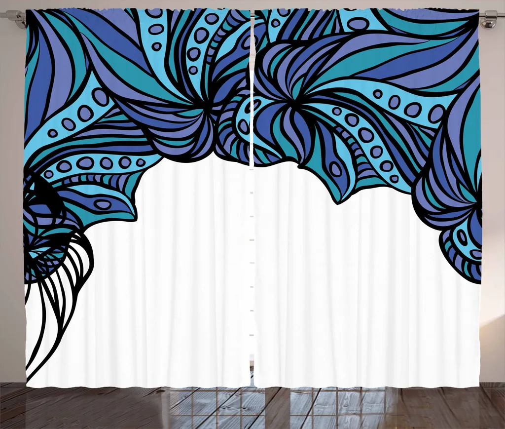 ABAKUHAUS Tenda rustica con motivo a calamari, motivo marino astratto, tenda con passanti e ganci per camera da letto, 280 x 175 cm, viola blu turchese