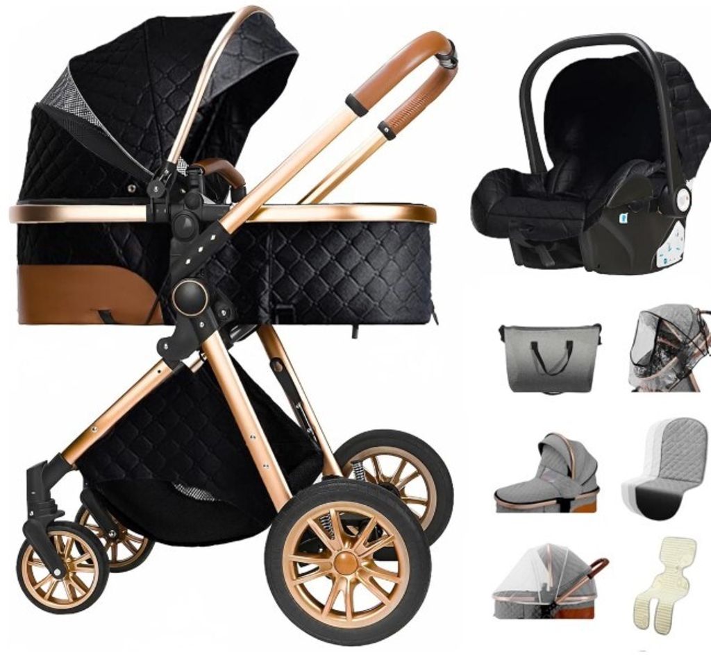Kinderwagen 3-in-1 – Luxus Kombi-Kinderwagen – Buggy – Sportwagen – Multifunktional & faltbar – Inkl. Autositz – Schwarz
