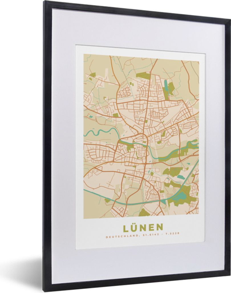 MuchoWow Gerahmtes Poster Stadtplan - Lünen - Karte - Vintage 30x40 cm - Poster mit Schwarzem Bilderrahmen Wandposter Rahmen Foto Bilder - Wandp...