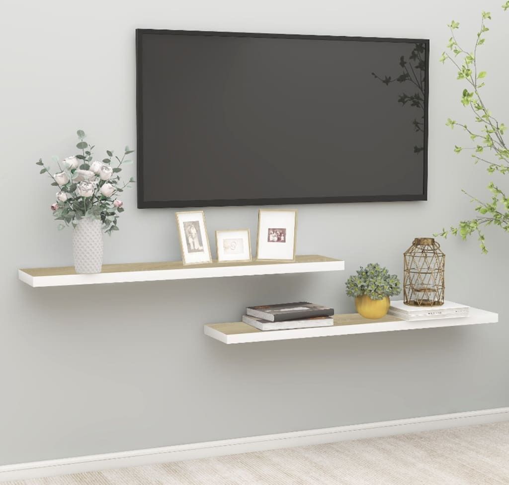 The Living Store Schweberegale 2 Stk. Eichen-Optik und Weiß 120x23,5x3,8 cm MDF
