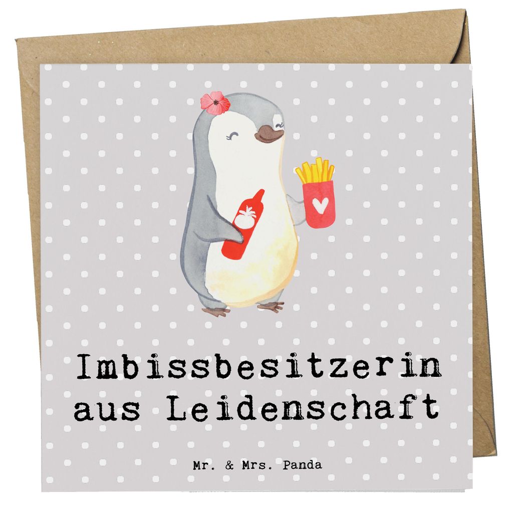 Mr. & Mrs. Panda Klappkarte Imbissbesitzerin Leidenschaft - Grau Pastell - Geschenk, doppelkarte, Lustig, Pommesverkäuferin, Grußkarte, Glückwun...