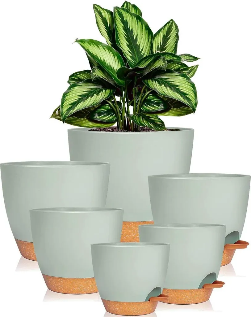 Pots de fleurs avec réserve d'eau et soucoupe amovible coloris vert