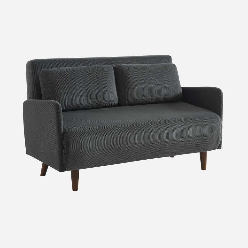 A dark gray sofa with two cushions and wooden legs, presented against a light gray background.