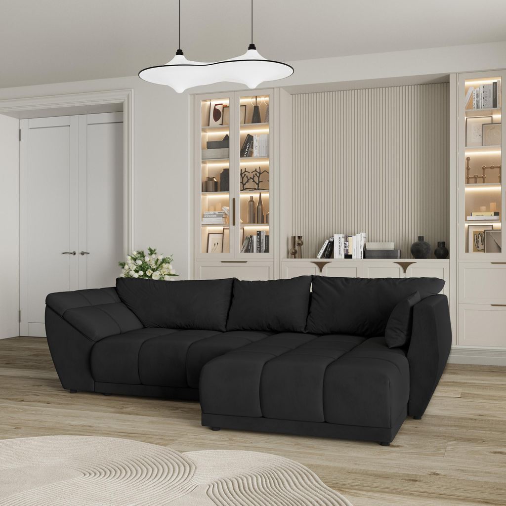 Masseno Ecksofa ORENTI R-S mit Schlaffunktion L-Form, Sofa mit Bettkasten, Wohnzimmersofa, Couch, Soffa, Bettsofa, Couchgarnitur- Schwarz, MATT VEL...