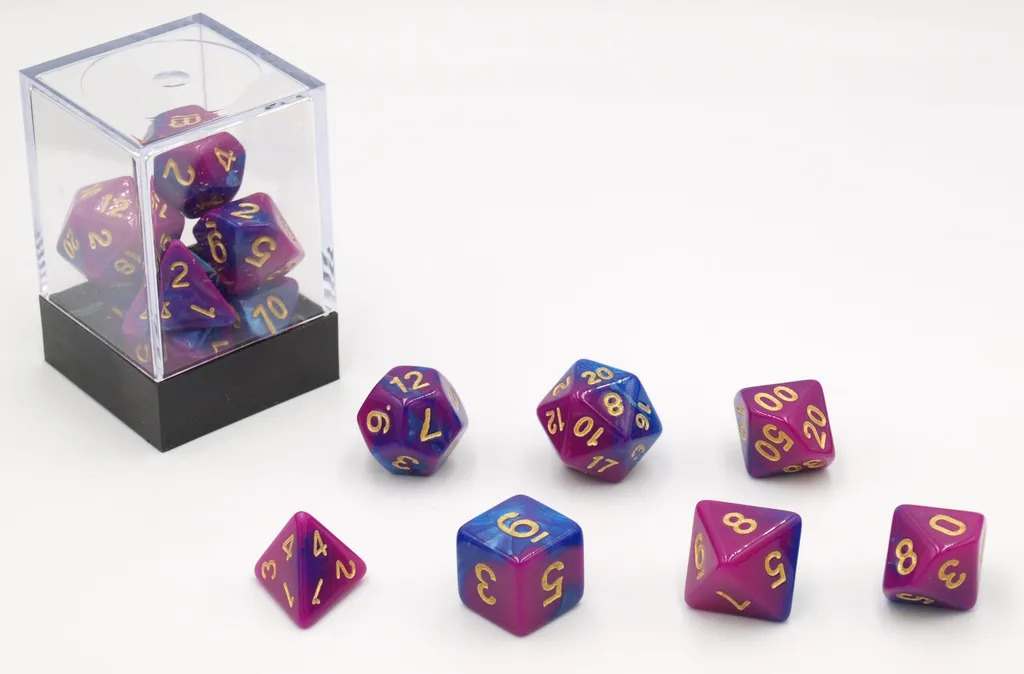 Jeu de dés HOT Games rose et bleu, set de 7 pièces en résine durable