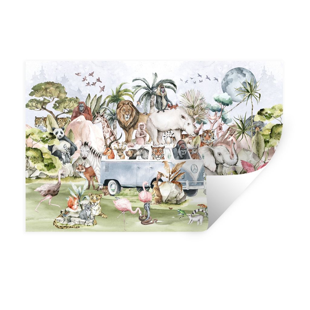 MuchoWow Wandtattoo Wandsticker Wandaufkleber Dschungel - Bus - Tiere - Kinder - Pflanzen 60x40 cm Selbstklebend und Repositionierbar - Wierderve...
