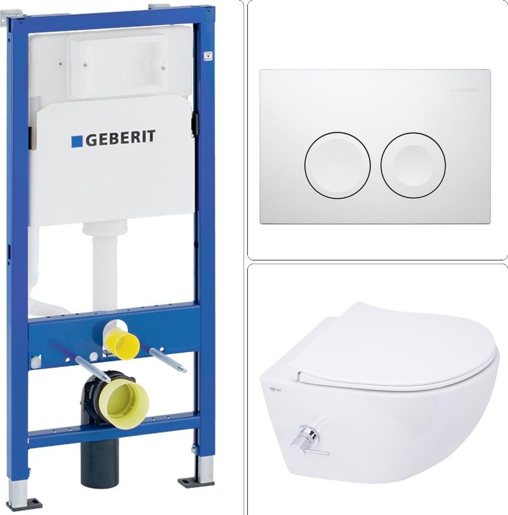 SAT Aquacare Wand-Dusch-WC spülrandlos mit SoftClose WC-Sitz, Schallschutz & GEBERIT BASIC Vorwandelement + DELTA25 Betätigungsplatte weiß