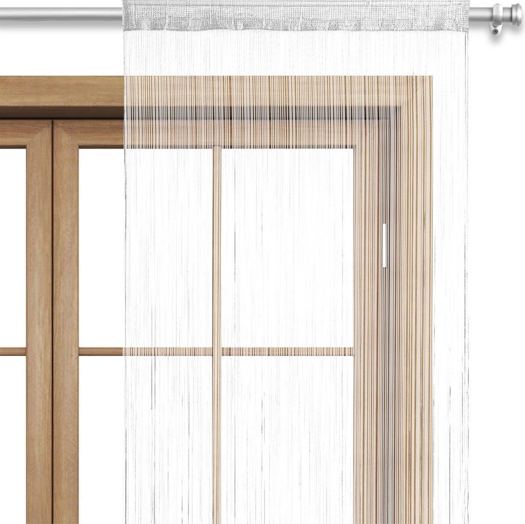 A string curtain hanging in front of a wooden window frame.