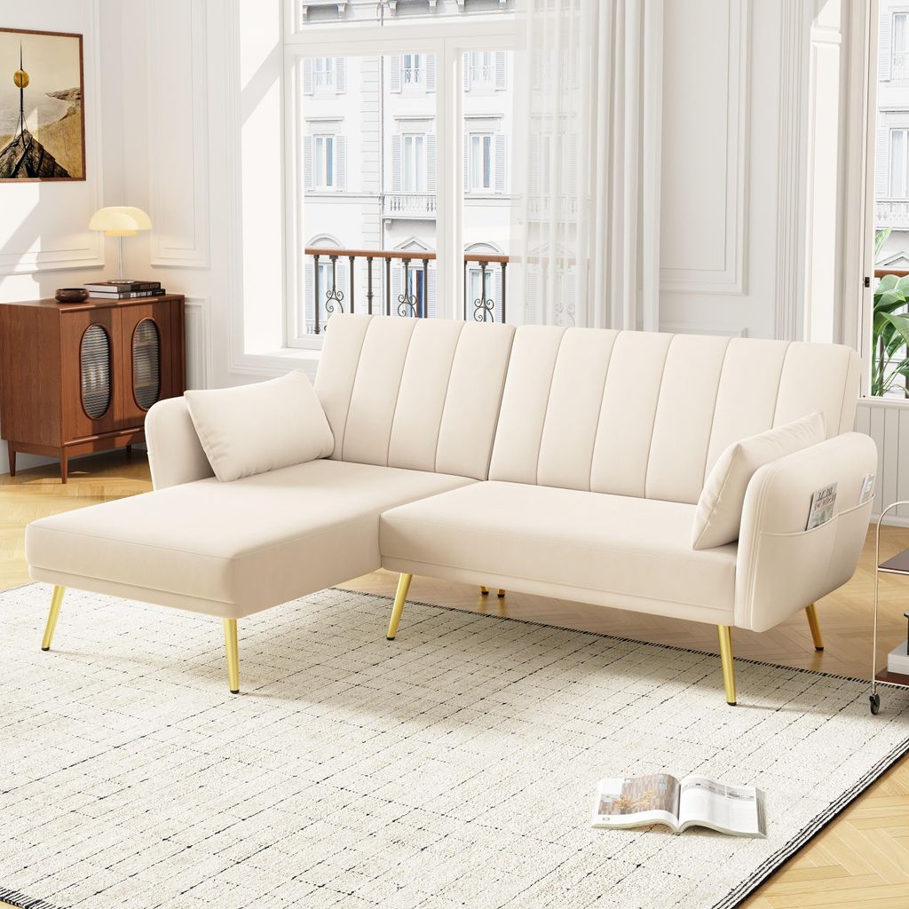okwish Schlafsofa mit L-förmiges,Multifunktionales Ecksofa mit Schlaffunktion,Polstermöbel Klappsofa für Wohnzimmer, Schlafzimmer,Beige
